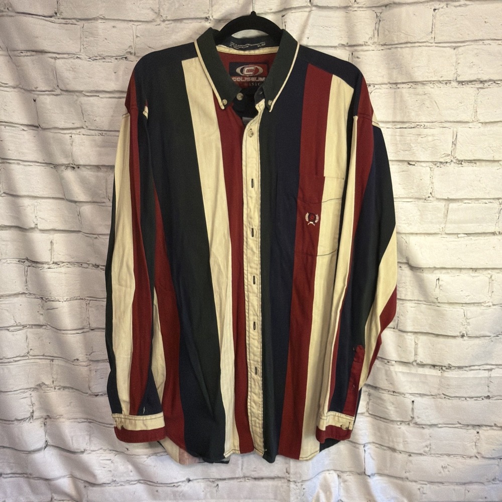 Coliseum Classic‎ Men's XL Striped Shirt Red Navy Cotton Long Sleeve Button-Down